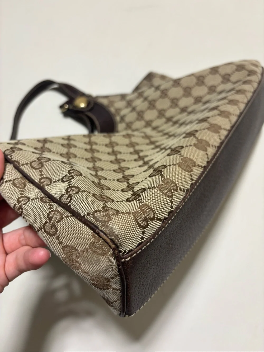 Gucci Beige/Brown Monogram Canvas Shoulder Bag with Dark Brown Trim